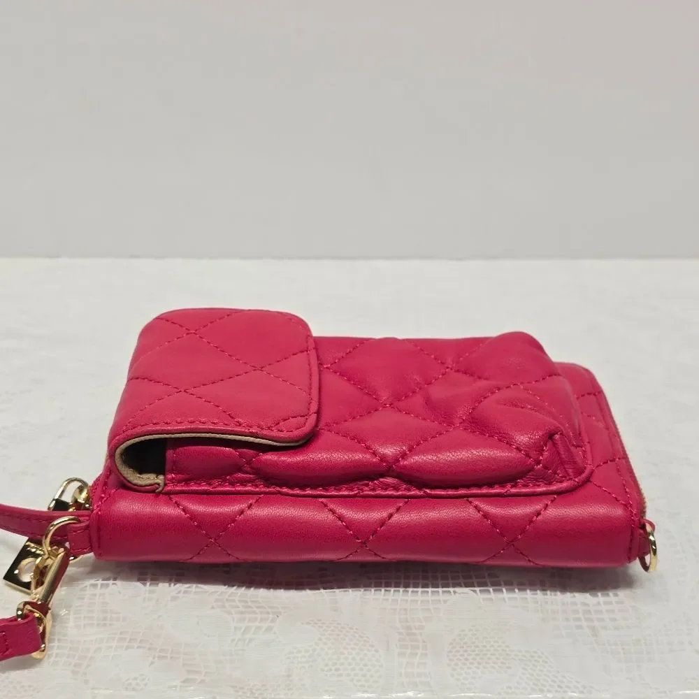 DKNY Hot Pink Fuchsia Quilted Genuine Leather Wallet Wristlet Cell Phone Case
